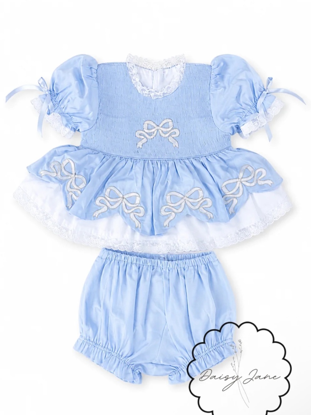 Daisy Lane Baby Blue Bow Embroidered Two-Piece Heirloom Smocked Frill Dress